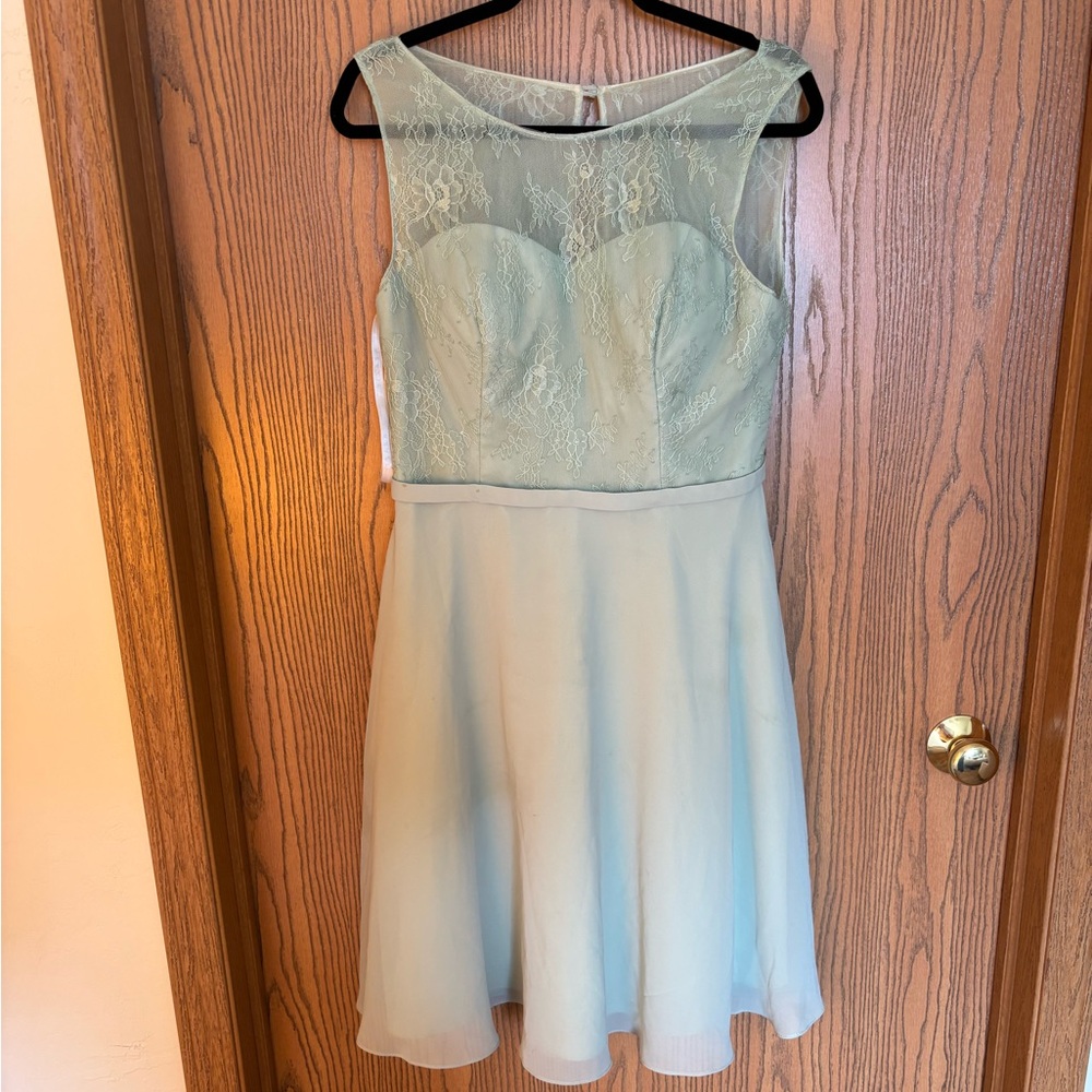 Azazie sage green knee length bridesmaid dress